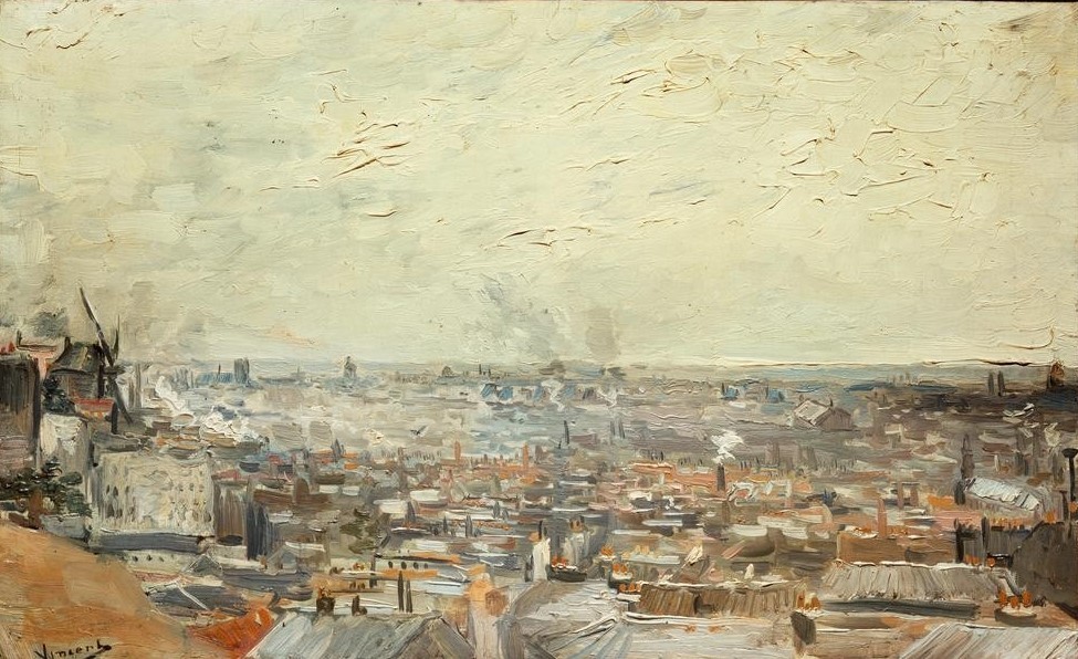 Vincent van Gogh, Blick auf Paris vom Montmartre (Geographie,Kunst,Landschaft,Mühle,Stadt,Urbanistik,Impressionismus,Grossstadt,Stadtansicht,Architekturdarstellung,Niederländische Kunst,Holländische Kunst,Ansicht,Dachlandschaft,Stadtlandschaft,Topographie,Postimpressionismus,Signatur)