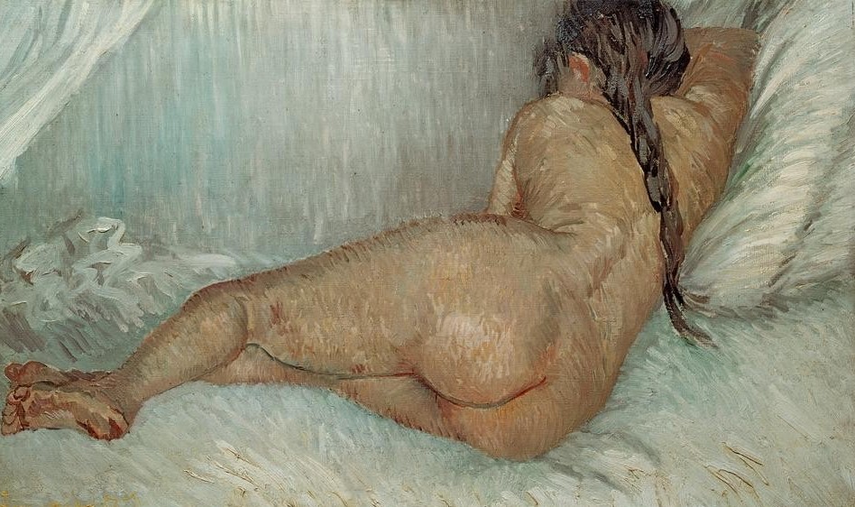 Vincent van Gogh, Weiblicher Rückenakt (Frau,Impressionismus,Akt,Zopf,Rückenakt,Niederländische Kunst,Liegen,Frisur)