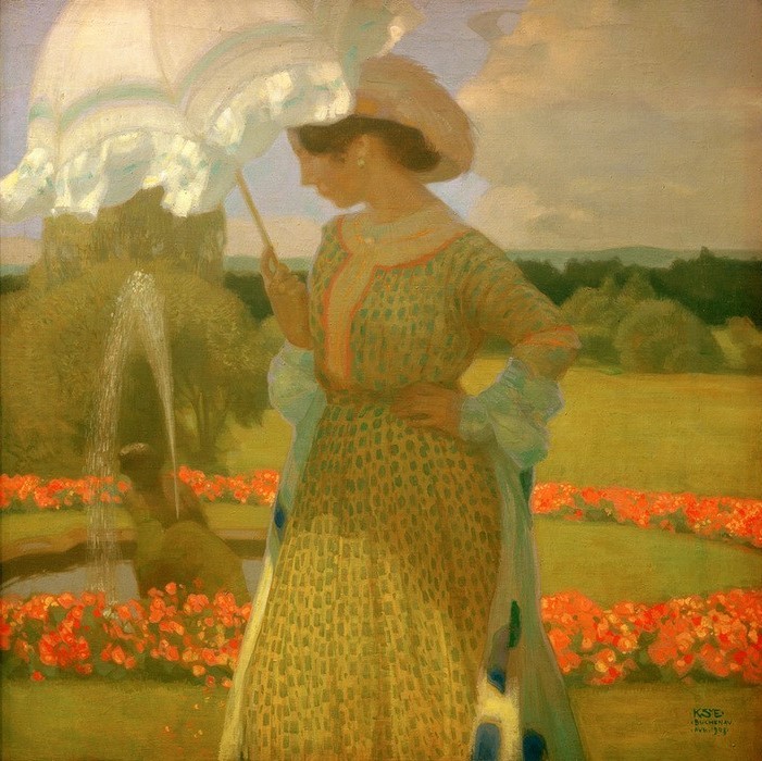 Karl Schmoll von Eisenwerth, Am Springbrunnen (Damenhut,Damenmode,Elemente,Frau,Garten Und Park,Jahreszeiten,Kopfbedeckung,Kunst,Landschaft,Menschen Im Park,Mensch,Mode,Park,Freizeit,Sommer,Spaziergang,Wasser,Hut,Portrait,Stola,Sonnenschirm,Österreichische Kunst,Im Freien (Allgemein),Kleid,Sonnenhut,M)
