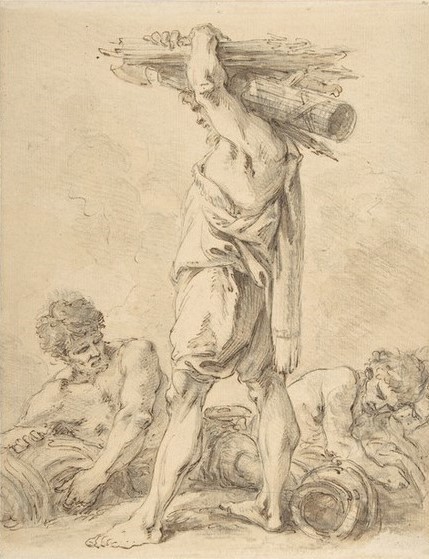 Francois Boucher, Standing Man Carrying Fasces and Arms (Männer, muskulös, Träger, Bündel, Waffen, Studie, Rokoko, Klassiker, Wunschgröße, Wohnzimmer, Treppenhaus, Grafik, schwarz/weiß)