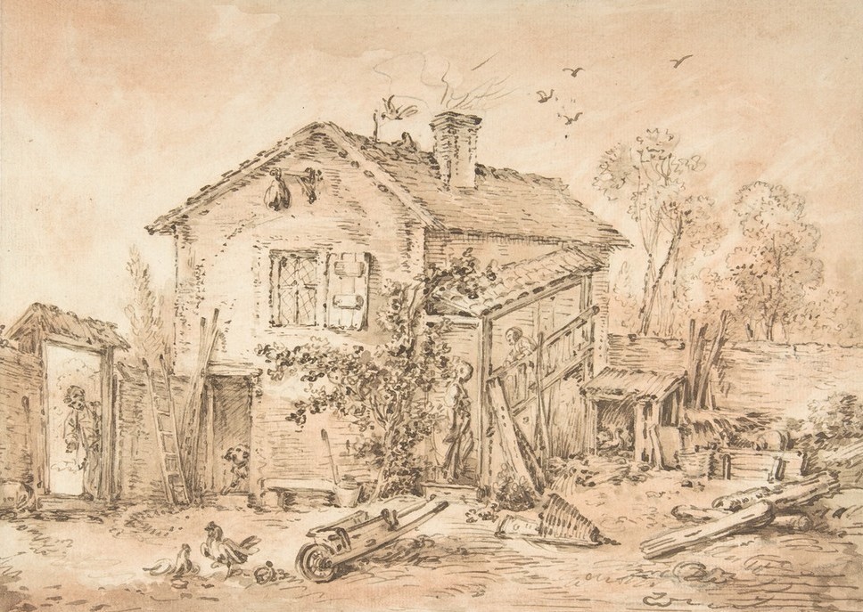 Francois Boucher, Cottage with Figures (Bauernhaus, bäaurliche Szene, Hühner, Alltagsszene, Rokoko, Klassiker, Wunschgröße, Wohnzimmer, Treppenhaus, Grafik, schwarz/weiß)
