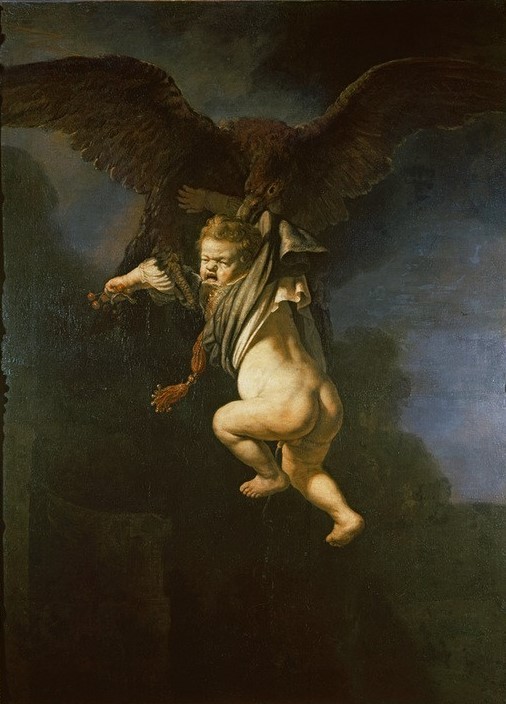Rembrandt Harmenszoon van Rijn, Ganymed in den Fängen des Adlers (Adler,Kind,Mythologie,Entführung,Barock,Homosexualität,Angst,Kleinkind,Metamorphose,Götterliebschaften,Niederländische Kunst,Urinieren,Holländische Kunst,Schrei,Pädophilie,Päderastie,Kindesentführung,Greifvogel,Babyspeck,Griechisch-Römische Mythologie,Mac)