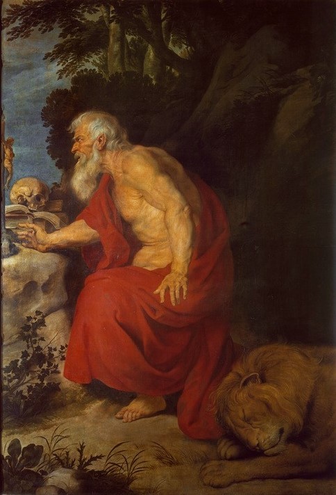 Peter Paul Rubens, Der heilige Hieronymus (Flämische Kunst,Gebet,Heilige,Löwe (Tier),Barock,Kirchenvater,Eremit,Totenkopf,Niederländische Kunst,Haustier)