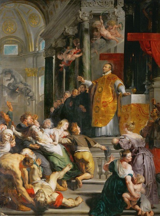 Peter Paul Rubens, Die Wunder des hl. Ignatius von Loyola (Geistlicher,Architektur,Christentum,Engel,Flämische Kunst,Katholische Kirche,Kirche,Kranke,Kult,Religion,Szene,Tod,Altar,Gegenreformation,Barock,Dämon,Theologie,Teufel,Wunder,Heiligenlegende,Niederländische Kunst,Exorzismus,Gut Und Böse,Orden (Gemeinschaf)