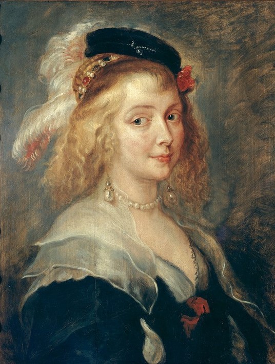 Peter Paul Rubens, Bildnis der Helene Fourment (Damenhut,Damenmode,Flämische Kunst,Frau,Schmuck,Hut,Ohrring,Perle,Barock,Portrait,Perlenkette,Künstlerfrau,Schultertuch,Lächeln,Haarschmuck,Blonde Haare,Locke,Brustbild,Hutfeder)