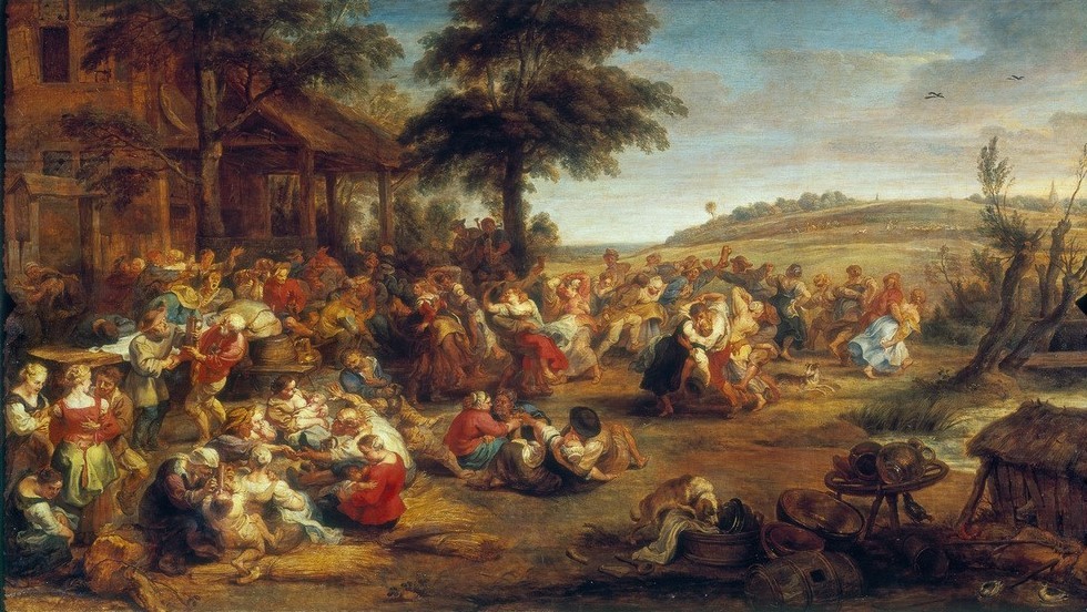 Peter Paul Rubens, Flandrische Kirmes (Alkohol,Dorf,Essen Und Trinken,Flämische Kunst,Hausarbeit,Landschaft,Tänzer,Tanz,Volksfest,Volkskunde,Stillen,Barock,Betrunken,Clown,Volkstanz,Hofnarr,Landleben,Ausgelassenheit,Haushalt,Landbevölkerung,Alkoholmissbrauch,Land Und Leute,Landwirtschaft,Kirme)