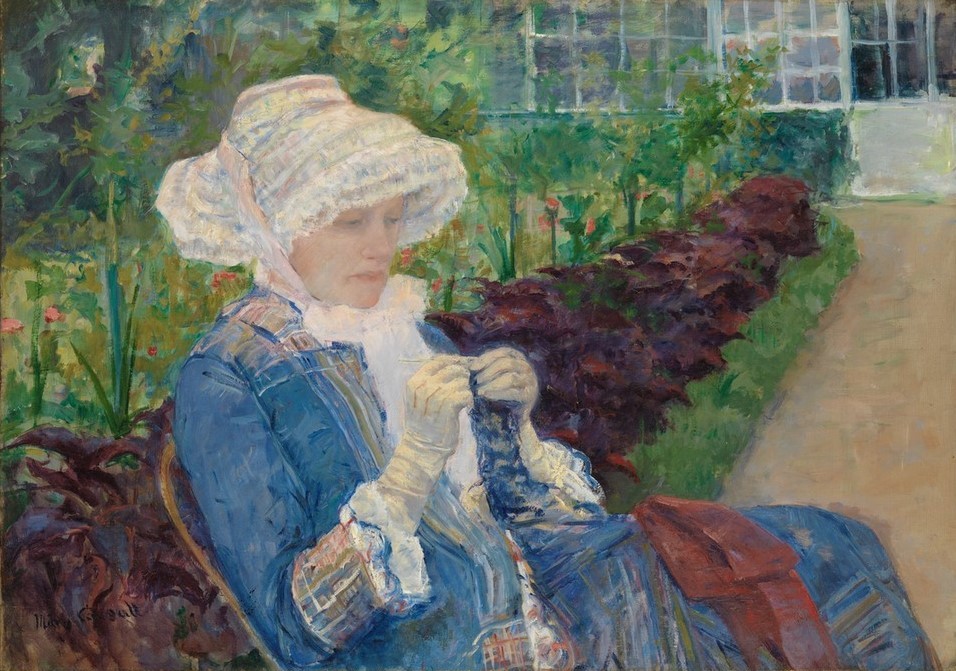 Mary Cassatt, Lydia häkelt im Garten bei Marly (Frau,Handschuh,Haube,Kleid,Häkeln,Garten)
