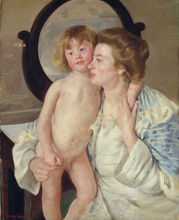 Mary Cassatt, Mutter und Kind (Der ovale Spiegel) (Frau,Mutter Und Kind,Spiegel,Portrait,Nacktheit,Knabe,Oval)