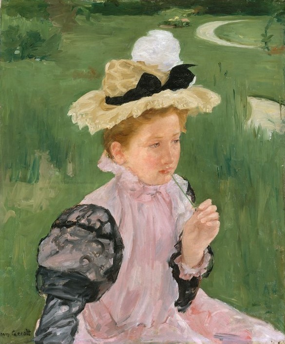 Mary Cassatt, Portrait eines jungen Mädchens (Mädchen,Hut,Portrait,Wiese,Gras,Garten)