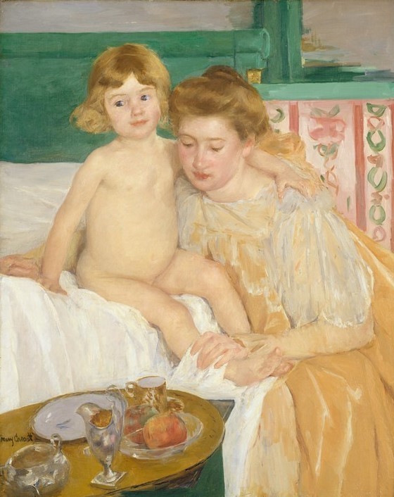 Mary Cassatt, Mutter und Kind (Baby wacht von seinem Nickerchen auf) (Baby,Bett,Frau,Kind,Mutter Und Kind,Interieur,Nacktheit)