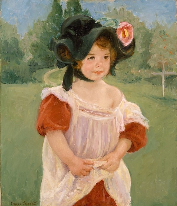 Mary Cassatt, Frühling: Margot steht in einem Garten (Fillette dans un jardin) (Mädchen,Frühling,Haube,Kleid,Blüte,Garten)