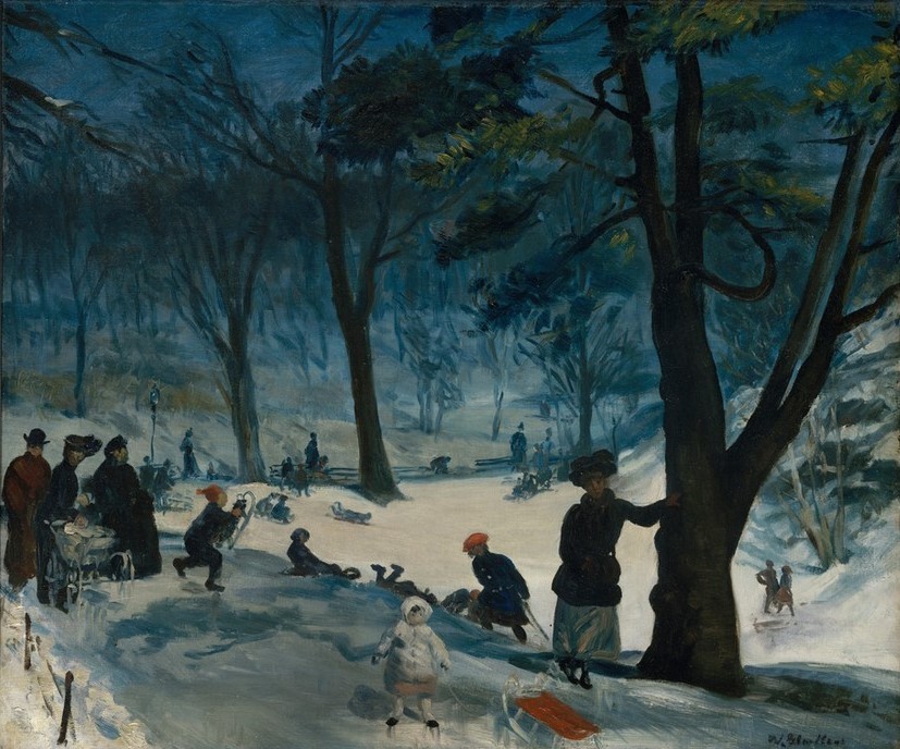 William Glackens, Central Park, Winter (Familie,Frau,Jahreszeiten,Kinderspiel,Kind,Mann,Park,Freizeit,Rodeln,Winter,Schnee,Baum,Schlitten,Natur)