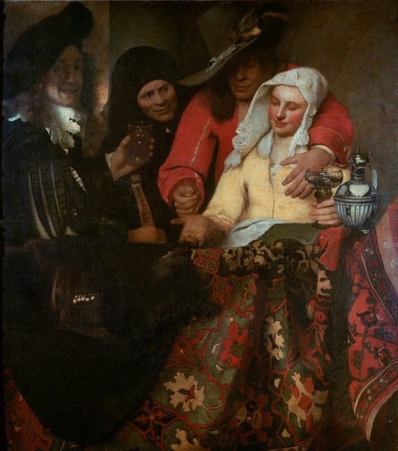 Jan Vermeer, Bei der Kupplerin (Alkohol,Essen Und Trinken,Prostitution,Silber,Teppich,Wein,Bezahlung,Barock,Prostituierte,Moral,Niederländische Kunst,Frauenleben,Freier,Karaffe,Import,Gemustert,Kupplerin,Utrechter Schule)