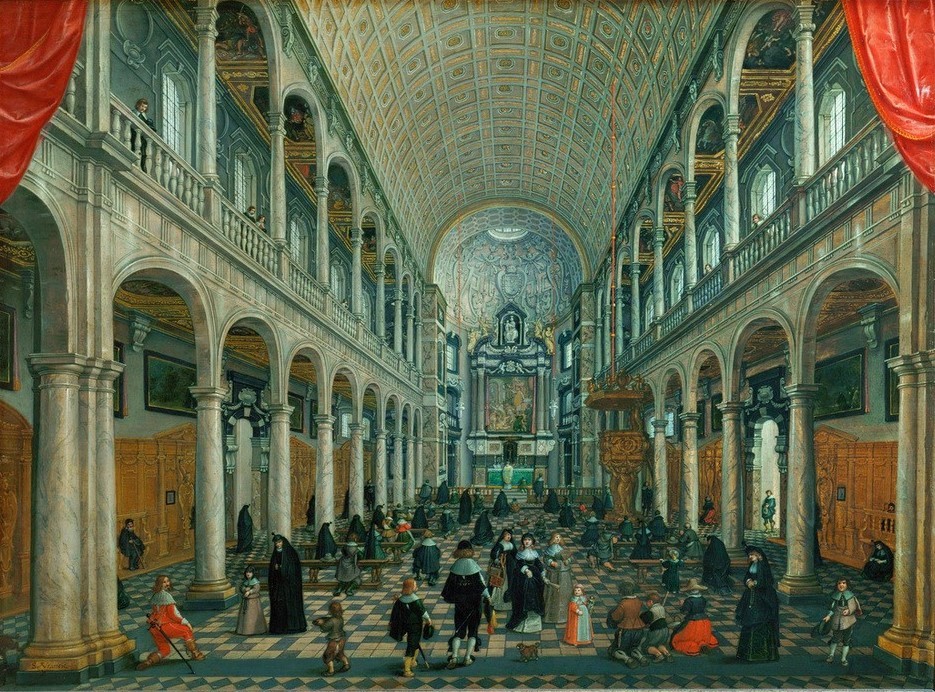 Sebastian Vrancx, Innenansicht der Jesuitenkirche zu Antwerpen (Architektur,Christentum,Flämische Kunst,Kirche,Religion,Gottesdienst,Innenarchitektur,Barock,Manierismus,Perspektive,Fussboden,Interieur,Musivisches Pflaster,Fliese,Jesuiten,Orden (Allgemein),Messe (Gottesdienst))