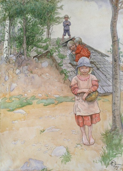 Carl Larsson, Am Keller (Dorf,Frau,Geschwister,Keller,Kindermode,Kind,Kunst,Mädchen,Mutter Und Kind,Spiel,Mutter,Schwedische Kunst,Korb,Schuppen (Gebäude),Knabe,Barfuss,Kinderleben,Skandinavische Kunst,Dorfleben,Kind Auf Dem Arm)