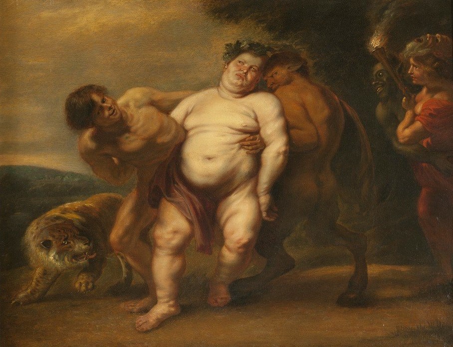 Peter Paul Rubens, Trunkener Silen (Fettleibigkeit,Flämische Kunst,Kunst,Mann,Mythologie,Barock,Akt,Betrunken,Satyr,Thiasos,Bacchanal,Niederländische Kunst,Raubkatze,Grosskatze,Griechisch-Römische Mythologie,Maske (Gegenstand))