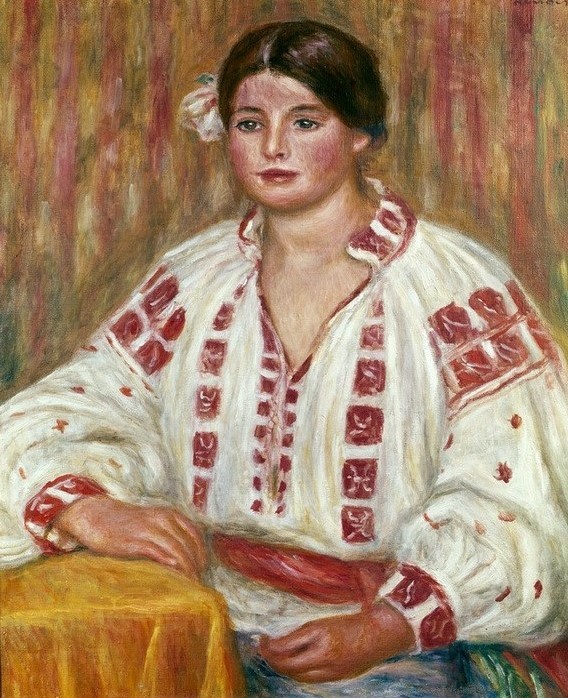 Pierre-Auguste Renoir, Die bulgarische Bluse (Frau,Kunst,Mensch,Volkskunde,Impressionismus,Portrait,Bluse,Französische Kunst,Junge Frau,Halbfigur,Land Und Leute,Signatur)