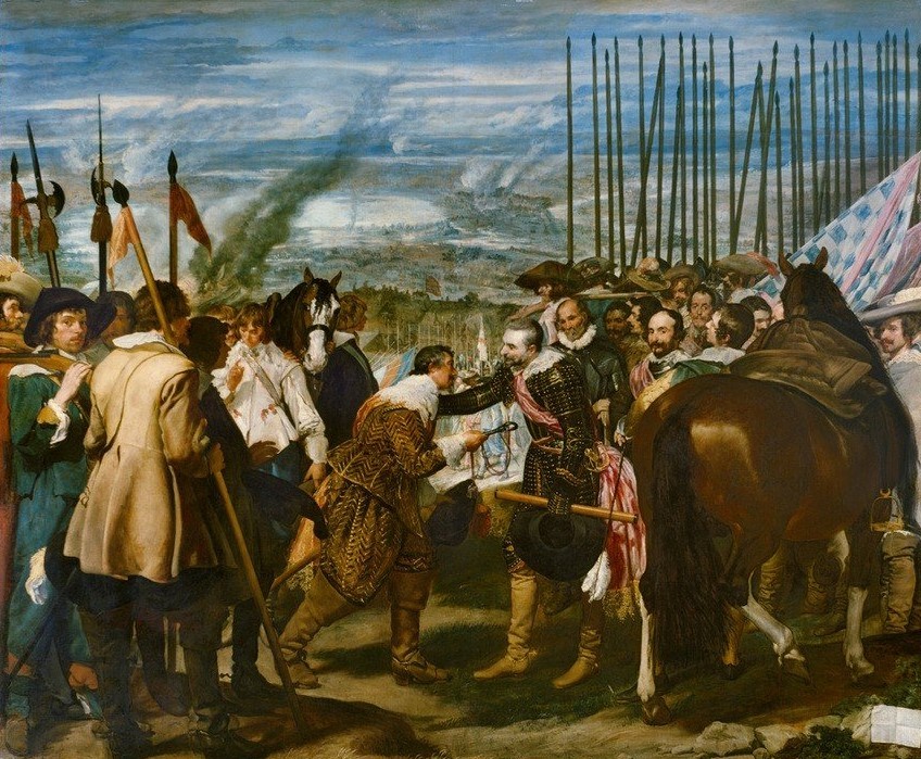 Diego Rodriguez de Silva y Velasquez, Die Übergabe von Breda (Geschichte,Krieg,Kunst,Militär,Gouverneur,Soldat,Dreissigjähriger Krieg,Barock,Schlüssel,Lanze,Kapitulation,Schlüsselübergabe,Spanische Kunst,Stulpenstiefel,Historienmalerei,Stadtschlüssel,Übergabe,Lancier,Unterwerfung,Spanisch-Niederländischer Krieg,Sieg)