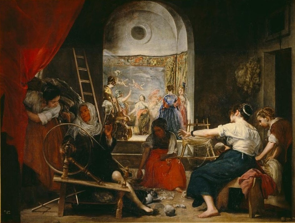 Diego Rodriguez de Silva y Velasquez, Die Spinnerinnen (Arbeit,Frau Und Beruf,Frau,Handarbeit,Manufaktur,Spinnen,Volkskunde,Werkstatt (Allgemein),Barock,Spinnerei,Spanische Kunst,Spinnrad,Gobelinmanufaktur,Frauenleben,Frauenarbeit,Land Und Leute,Handwerk)