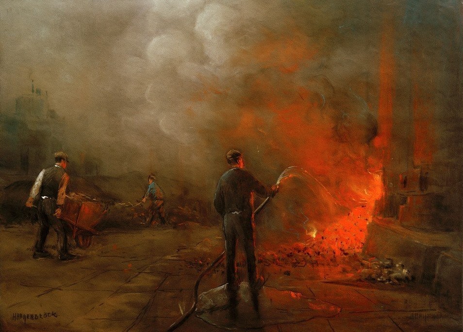 Herman Heijenbrock, Arbeiter, die in einer Fabrik Koks löschen (Arbeiter,Arbeit,Fabrikarbeit,Feuer,Industrie,Kohle,Kokerei,Kunst,Mann,Mensch,Wasser,Wirtschaft (Ökonomie),Technik,Fabrik,Industrialisierung,Schubkarre,Niederländische Kunst,Rauch,Hitze,Löschen,Schlauch,Signatur,Qualm,Ofen (Technik))