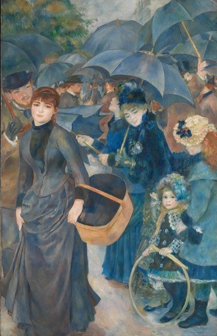 Pierre-Auguste Renoir, Die Regenschirme (Frau,Kinderspiel,Kind,Mann,Regen,Hut,Tochter,Regenschirm,Menschenmenge,Schlechtes Wetter,Korbtasche,Reifen (Reif))