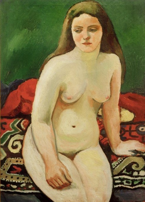 August Macke, Akt auf gesticktem Teppich (Deutsche Kunst,Frau,Kunst,Teppich,Akt,Expressionismus,Der Blaue Reiter,Sitzen)