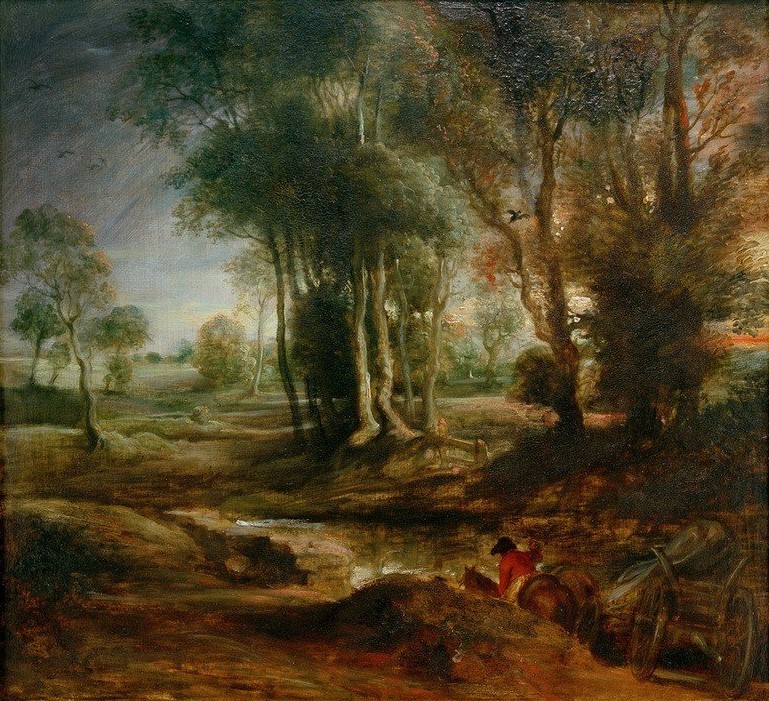 Peter Paul Rubens, Landschaft mit Fuhrwerk bei Sonnenuntergang (Flämische Kunst,Kunst,Landschaft,Sonnenuntergang,Fuhrmann,Tageszeiten,Abend,Barock,Baum,Niederländische Kunst,Furt,Pferdegespann,Fuhrwerk)