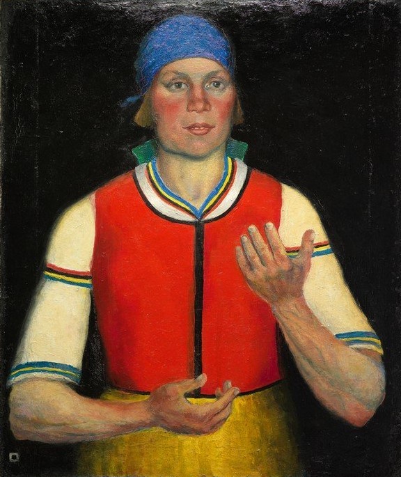 Kasimir Malewitsch, Arbeiterin (Frau,Kopfbedeckung,Kunst,Mensch,Sowjetische Kunst,Volkskunde,Hand,Portrait,Gestik,Frau Im Sozialismus,Russische Kunst,Kleidung (Allgemein),Suprematismus,Arbeiterin,Ukrainische Kunst,Halbfigur,Halbprofil,Farbigkeit,Land Und Leute,Kopftuch,Farbe)