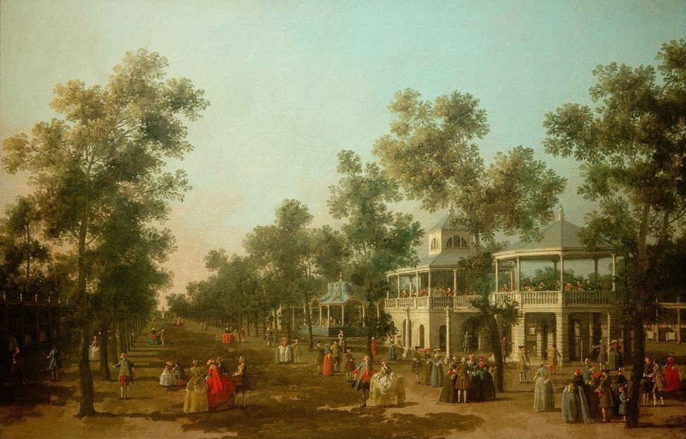 Giovanni Antonio Canaletto, Große Promenade in den Vauxhall Gardens (Allee, Straße, Bäume, Gebäude,  Gesellschaft, Pavillon,  Vergnügungspark, Musikpavillon, Promenade, Barock, Vedute, Klassiker, Wunschgröße, Wohnzimmer)