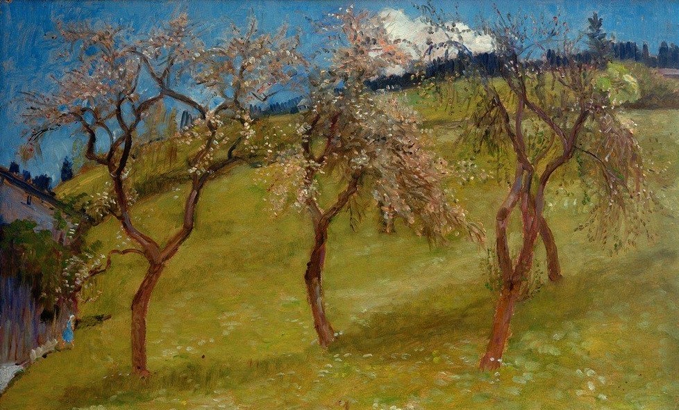 Otto Modersohn, Frühling (Baumblüte,Deutsche Kunst,Jahreszeiten,Kunst,Landschaft,Frühling,Baum,Wiese,Blüte,Worpsweder Künstlerkolonie,Baumgruppe,Obstbaum)