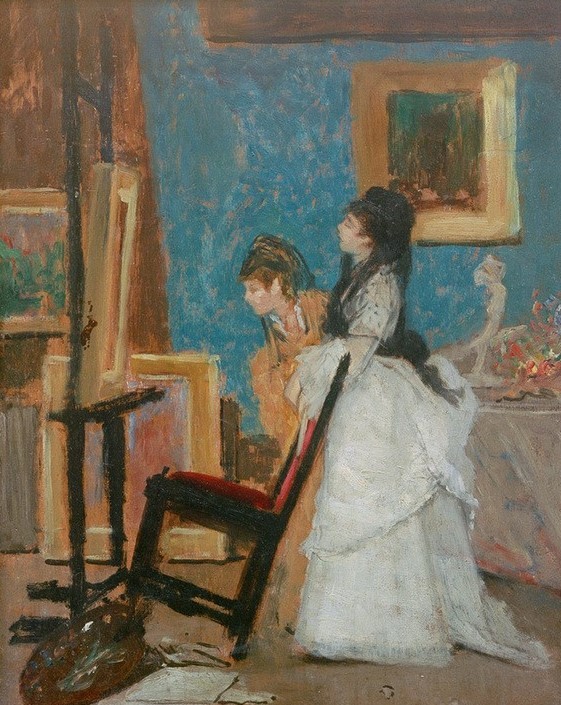 Silvestro Lega, Besuch im Atelier  (Atelier, Künstler, Damen, Bildbetrachtung, Interieur, Realsimus, Klassische Moderne, Wunschgröße, Wohnzimmer, Esszimmer, Malerei, bunt)