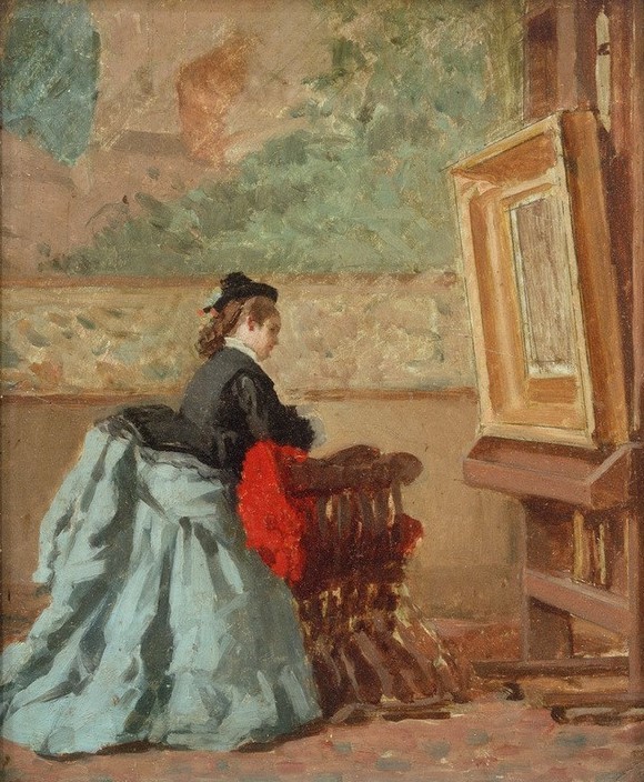 Vito d'Ancona, Im Atelier  (Atelier, Dame, Frau, Kleid, üppig, Tornüre, Reifrock, ausladend, Realismus, Klassiker, Malerei, Wunschgröße, Wohnzimmer)