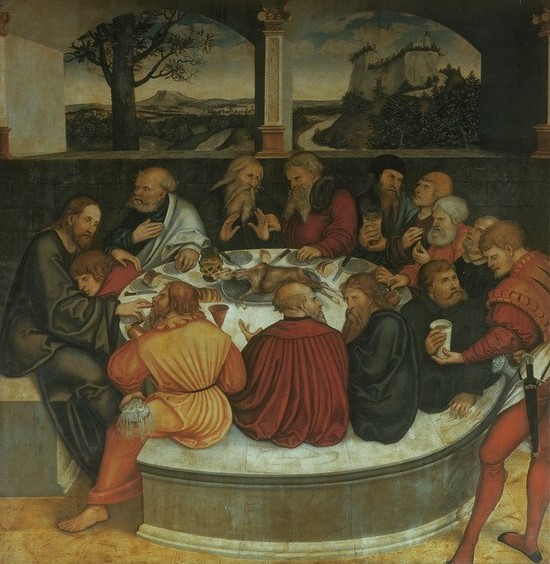 Lucas Cranach der Ältere, Altar Wittenberg (Abendmahl (Letztes),Deutsche Kunst,Essen Und Trinken,Geschichte,Reformation,Sakramente,Tafelsitten,Altar,Renaissance,Neues Testament,Bibel,Apostel,Jünger,Reformationsaltar,Lamm,Mundschenk,Flügelaltar,Mitteltafel,Abendmahl (Sakrament),Ausschnitt)