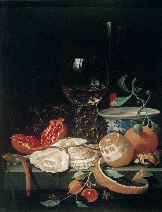 Jan Davidsz.de Heem, Stillleben mit Austern (Brombeere,Deutsche Kunst,Früchte,Kunst,Obst,Pfeife (Tabak),Barock,Nahrungsmittel,Insekt,Stillleben,Auster,Granatapfel,Niederländische Kunst,Weinglas,Raupe,Esskastanie,Trinkglas,Zitrusfrucht,Römer (Weinglas),Stangenglas,Flötenglas)