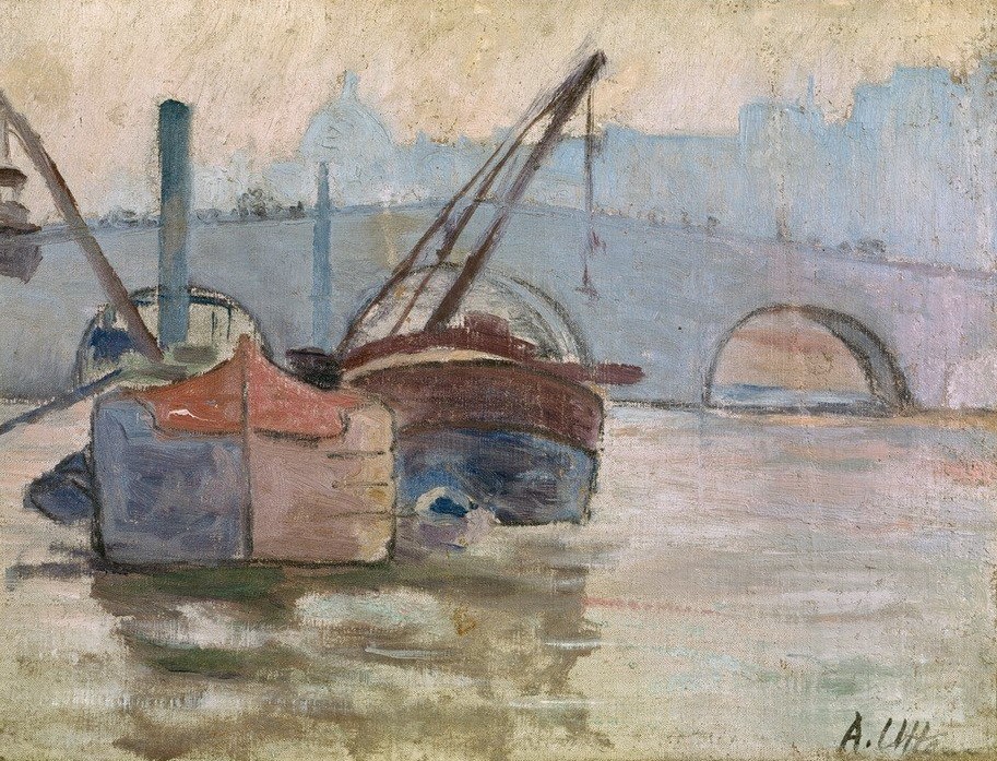 Andre Utter, Le Pont Royal (Paris, Städte, Brücke, Schiff, Fluss, Seine, Lastkahn, Flusschifffahrt, Klassische Moderne, gemäßigter Expressionismus, Wunschgröße, Wohnzimmer)