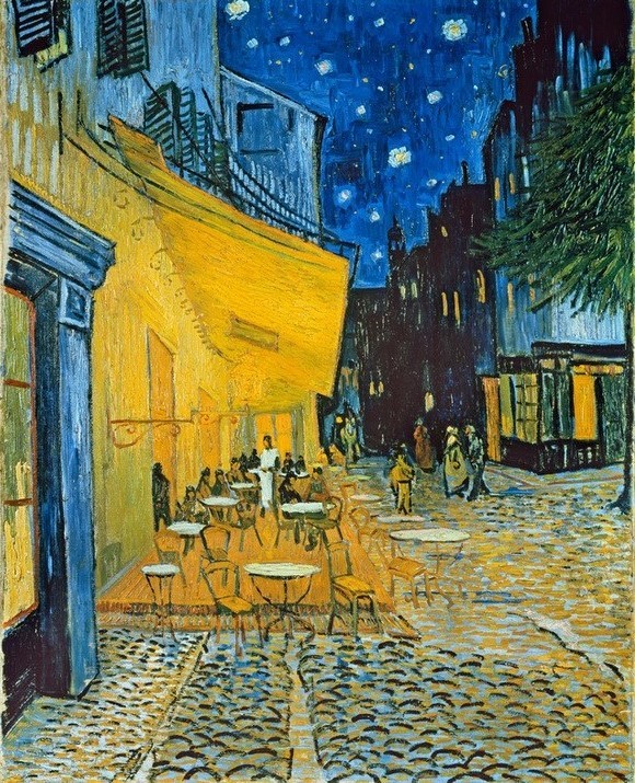 Vincent van Gogh, Terrasse des Cafés an der Place du Forum in Arles am Abend (Gastronomie,Kunst,Licht Und Beleuchtung,Strasse (Allgemein),Terrasse,Stern,Tageszeiten,Abend,Nacht,Impressionismus,Lampe,Strassencafe,Niederländische Kunst,Holländische Kunst,Cafe,Beleuchtung,Stadtleben,Sternklare Nacht)