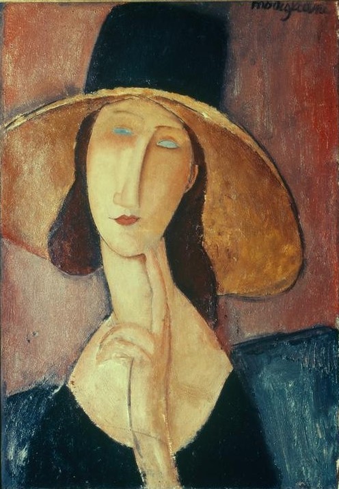 Amedeo Modigliani, Femme au grand chapeau (Damenhut,Frau,Kopfbedeckung,Kunst,Mensch,Portrait,Künstlerfrau,Italienische Kunst,Privatsammlung,Brustbild)