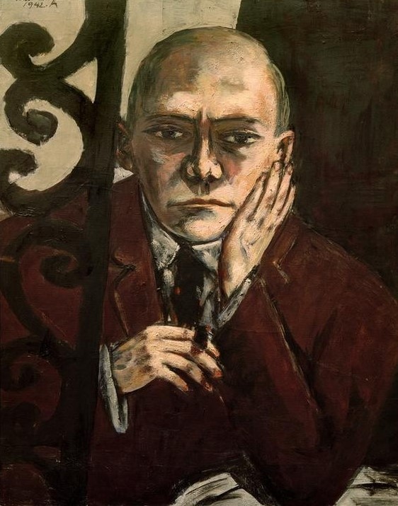 Max Beckmann, Selbstbildnis in der Bar (Selbstportrait, Bildnis, Klassische Moderne, Malerei, Expressionismus, Mensch und Gesellschaft, Wunschgröße, Wohnzimmer, bunt)