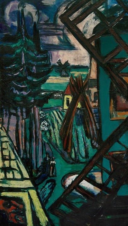 Max Beckmann, Große Landschaft aus Laren mit Windmühle (Landschaftsmalerei, Mühlen, Mühlenflügel, Wind, Tannen, Expressionismus, Landschaft, Wunschgröße, Wohnzimmer, bunt)