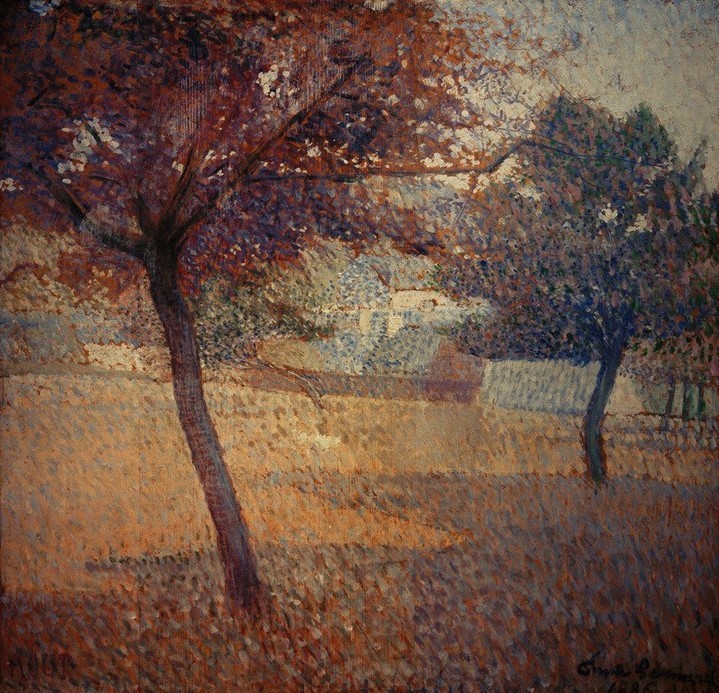 Emile Bernard, August (Landschaft, Bäume, Jahreszeit, Sommer, Spätsommer, Pointilismus, Klassische Klassische Moderne,  Wohnzimmer, Wunschgröße, bunt)