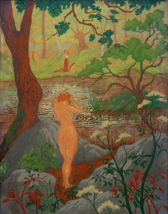 Paul Ranson, Frauenakt beim Frisieren am Teich (Körperpflege,Bad Im Freien,Bad,Frau,Gewässer,Haarpflege,Kunst,Landschaft,Mensch,Freizeit,Wald,See,Akt,Baum,Rückenakt,Rückenfigur,Französische Kunst,Im Freien (Allgemein),Nacktheit,Ufer,Japanmode,Haare (Haar),Frauenleben,Nabis,Jahrhundertwende,Ganzfigurig,)