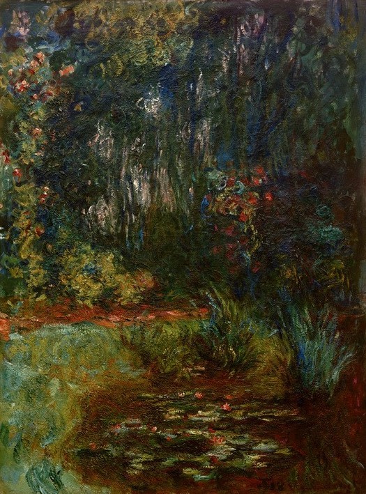 Claude Monet, Winkel des Seerosenbeckens, 1918 (Biologie,Botanik,Garten Und Park,Gewässer,Kunst,Landschaft,Wasser,Wasserpflanze,Impressionismus,See,Baum,Hausgarten,Seerose,Französische Kunst,Ziergarten,Japanmode,Blume,Blüte,Grün,Zierteich,Gartenteich,Pflanze,Garten,Farbe)