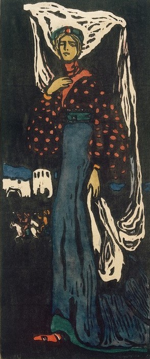 Wassily Kandinsky, Die Nacht (Architektur,Bauhaus,Burg (Bauwerk),Damenmode,Festung,Frau,Geschichte,Kopfbedeckung,Kunst,Mensch,Mode,Pferd (Tier),Tageszeiten,Nacht,Reiter,Gotik,Schleier,Portrait,Expressionismus,Der Blaue Reiter,Russische Kunst,Haube,Architekturdarstellung,Kleid,Kleidung)
