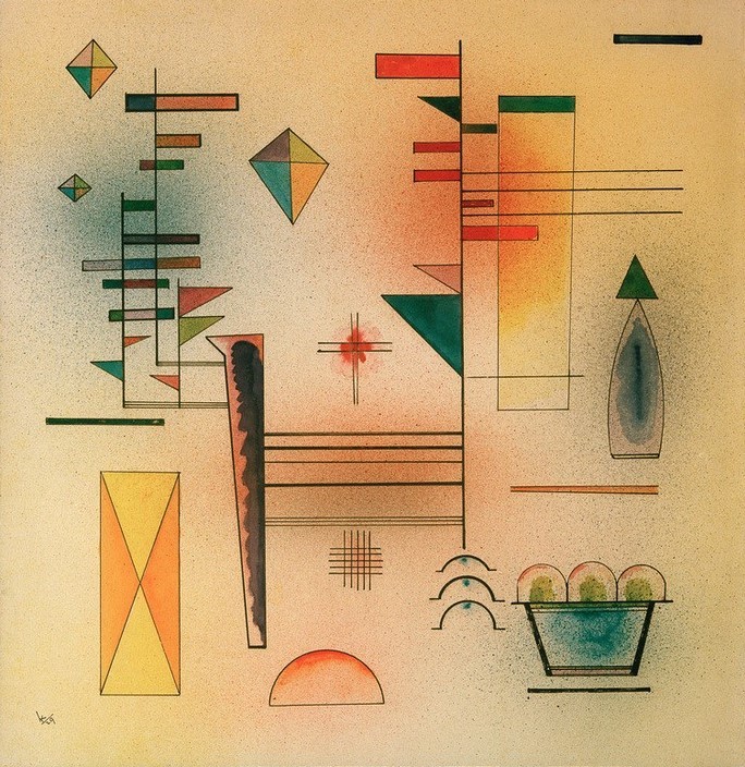 Wassily Kandinsky, Klangvoll (Bauhaus,Geometrie,Kunst,Musik,Expressionismus,Geometrisch,Der Blaue Reiter,Abstrakte Kunst,Russische Kunst,Synästhesie,Trapez,Dreieck,Abstraktion,Neue Kuenstlervereinigung Muenchen,Viereck,Rechteck,Halbkreis,Form,Raute (Form),Signatur)
