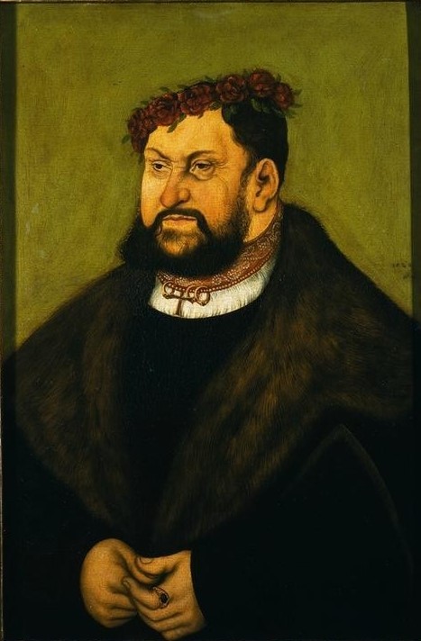 Lucas Cranach der Ältere, Bildnis des Kurfürsten Johann des Beständigen mit Nelkenkra (Botanik,Geschichte,Kurfürst,Mann,Pelz,Reformation,Schmuck,Bauernkrieg,Blumenkranz,Bart,Männerschmuck,Renaissance,Portrait,Nelke,Halsring,Kopfschmuck,Pelzkragen,Vollbart,Fingerring,Protestant,Person,Macht)