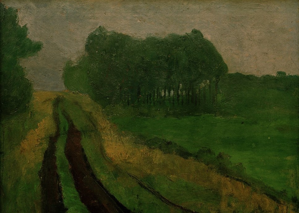 Paula Modersohn-Becker, Abendliche Landschaft mit Föhren (Botanik,Deutsche Kunst,Kunst,Landstrasse,Landschaft,Abend,Frauenkunst,Baum,Feldweg,Feld,Dämmerung,Föhre,Worpsweder Künstlerkolonie,Jahrhundertwende)