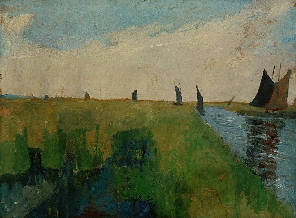 Paula Modersohn-Becker, Hamme-Landschaft mit Torfkähnen (Deutsche Kunst,Kahn,Kunst,Landschaft,Torf Und Moorkultur,Segelboot,Fluss,Frauenkunst,Worpsweder Künstlerkolonie,Jahrhundertwende,Landwirtschaft)