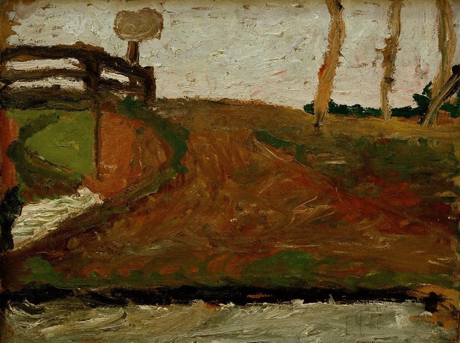 Paula Modersohn-Becker, Moorlandschaft mit Brücke (Brücke,Deutsche Kunst,Kunst,Landschaft,Frauenkunst,Baum,Moor,Worpsweder Künstlerkolonie,Horizont,Jahrhundertwende)
