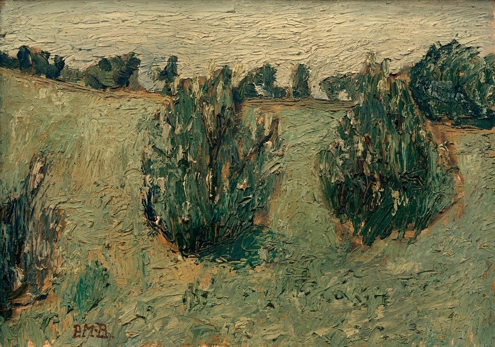 Paula Modersohn-Becker, Landschaft mit Föhren (Botanik,Deutsche Kunst,Kunst,Landschaft,Frauenkunst,Initiale,Strauch,Föhre,Worpsweder Künstlerkolonie,Monogramm,Jahrhundertwende,Signatur)