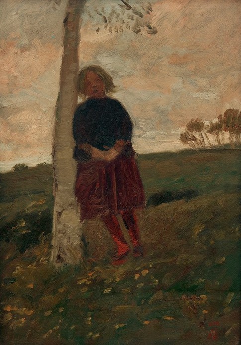 Paula Modersohn-Becker, Mädchen am Birkenstamm (auch: Mädchen am Baum) (Deutsche Kunst,Dorfkind,Herbst,Kind,Landschaft,Mädchen,Mensch,Frauenkunst,Birke,Baum,Nachdenken,Empfindsamkeit,Worpsweder Künstlerkolonie,Sentimentalität,Jahrhundertwende,Selbstvergessenheit,Naturverbundenheit,Baumstamm,Abendrot)